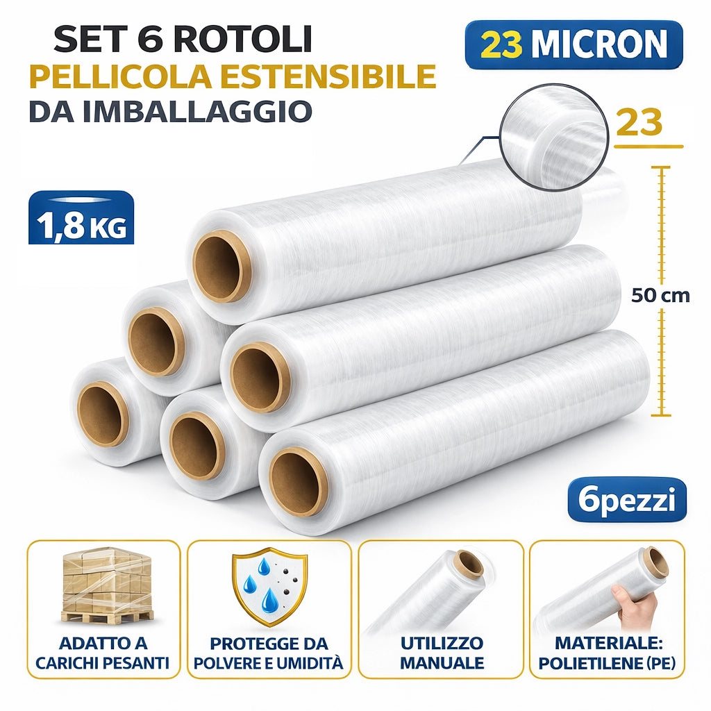 Set 6 Rotoli Pellicola Estensibile 50 cm 23 Micron Film Imballaggio Pallet