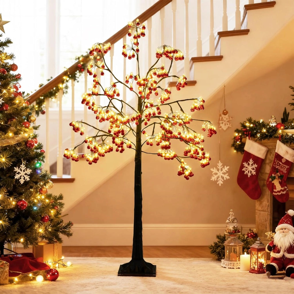 Albero di Natale Decorativo 150 cm, Albero Artificiale con Rami Pieghevoli, 384 Palline Rosse, 480 Luci LED e Picchetti di Ancoraggio, Albero di Natale Illuminato per Uso Interno ed Esterno