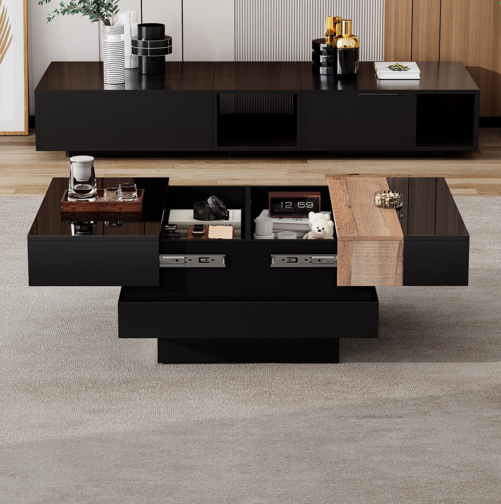 Tavolino da caffè quadrato 70 x 70 x 39 cm con piano estraibile e vano portaoggetti; nero in MDF