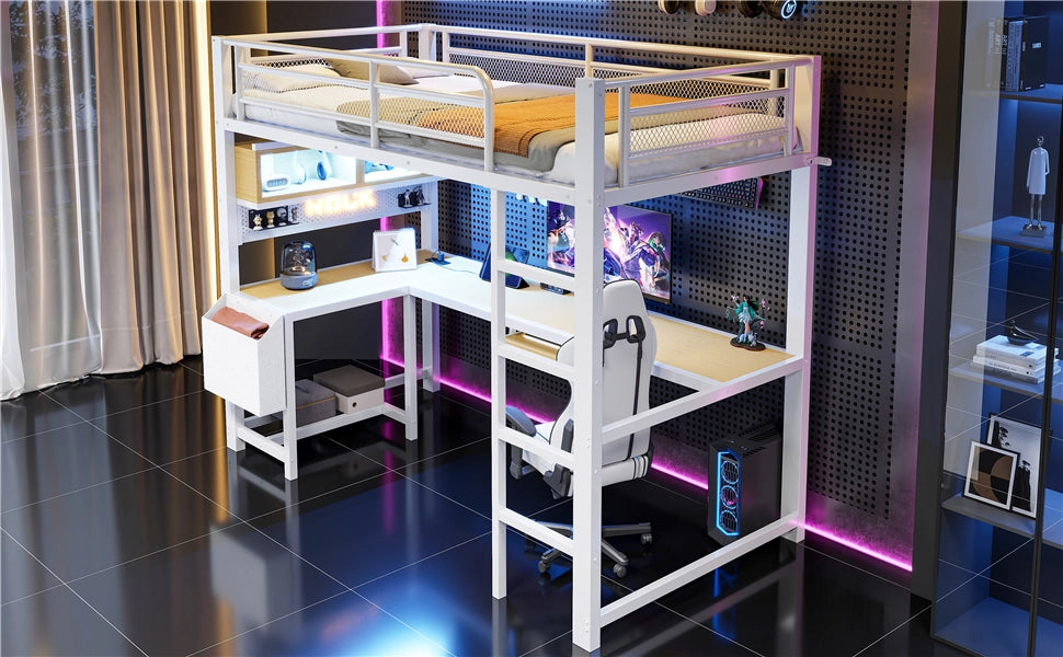 DESMIU Lit mezzanine 90 × 200 cm con scrivania, ripiani, LED, prese e USB, senza materasso, bianco