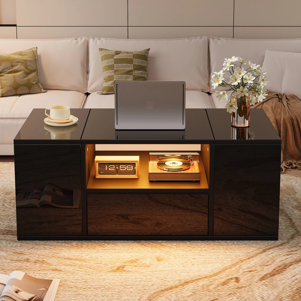 Tavolino basso con 1 cassetto, 2 vani chiusi, vano centrale aperto e LED, per soggiorno, 100 × 50 × 40 cm, nero