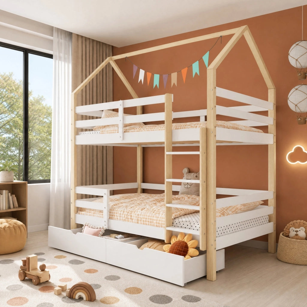 LETTO A CASTELLO Casetta 90x200 cm Legno massello Bianco e Rovere senza materasso
