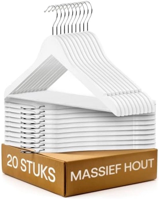 Hangers per Abito in Legno Bianco - Set da 20 - Con Grucce per Pantaloni e Gancio 360° Rotativo - Legno FSC - Antiscivolo - Senza Rigidità