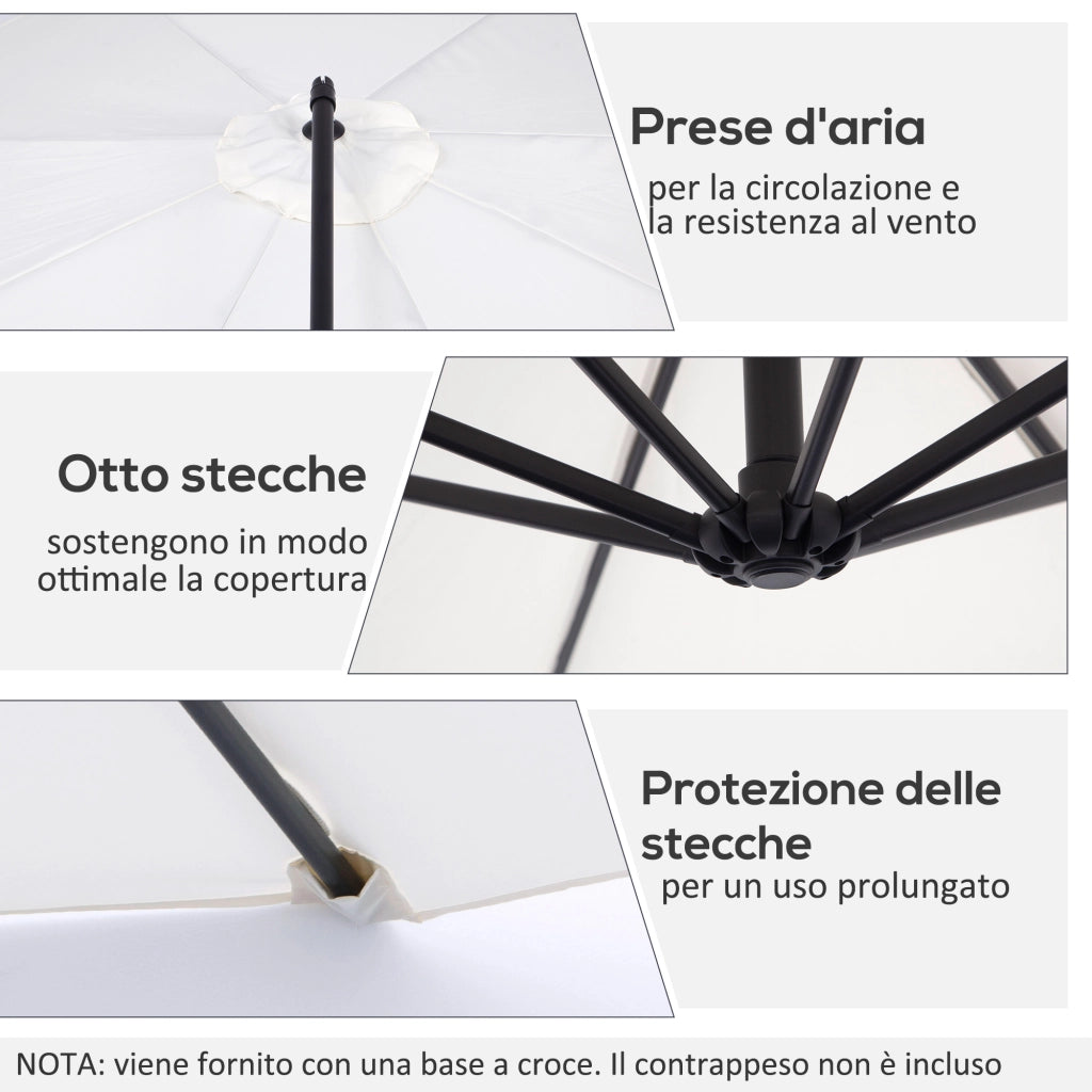 Ombrellone da Esterni 3x2.5 m con Manovella, in Acciaio e Poliestere Anti-UV, Crema