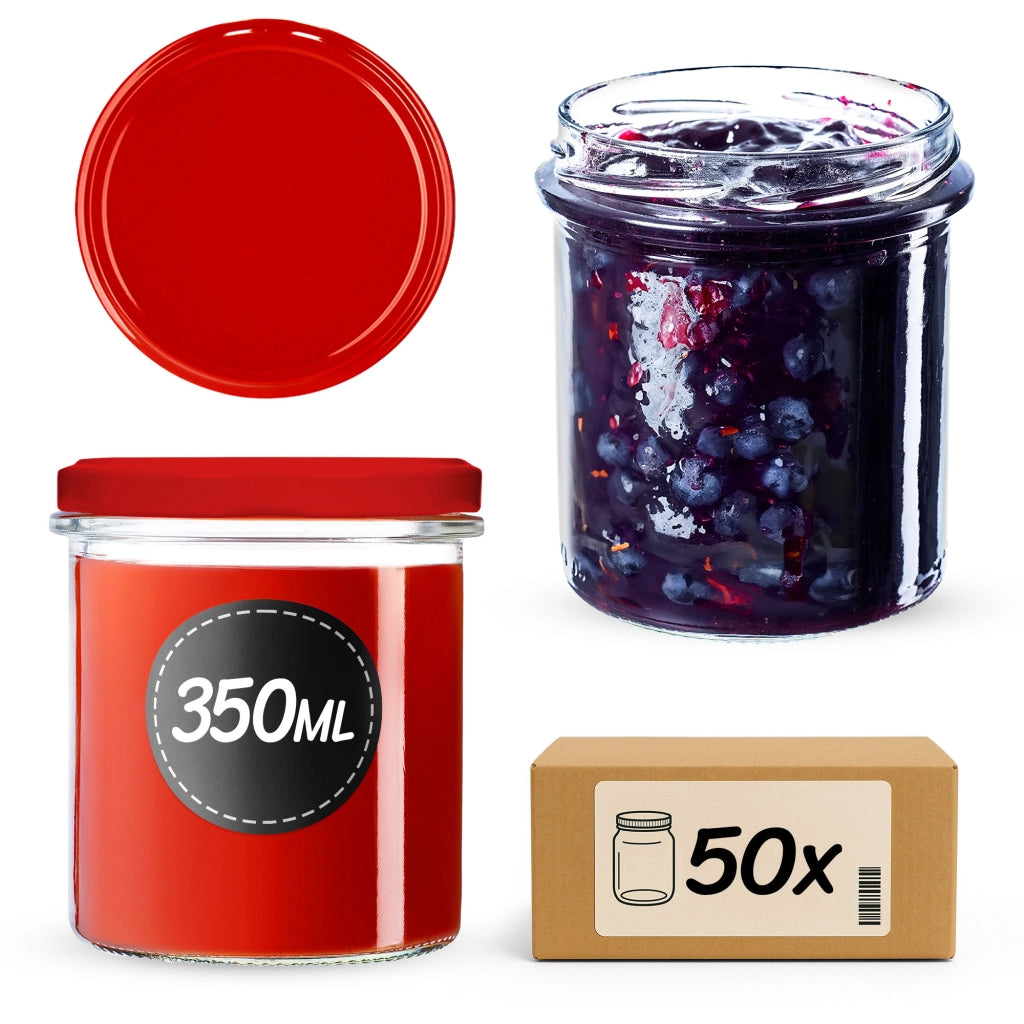 Barattoli di vetro KADAX Avila 350 ml 50 pezzi 82 mm + coperchi rossi