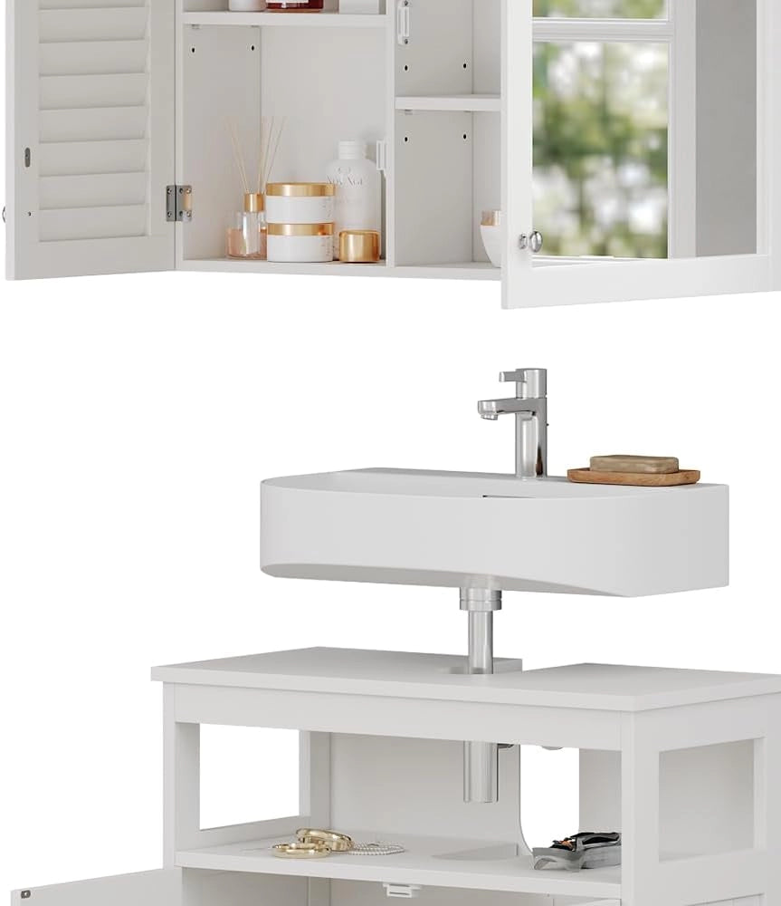 Set di mobili da bagno Riad, Bianco, 60 cm, composto da specchio da bagno e mobile sottolavabo