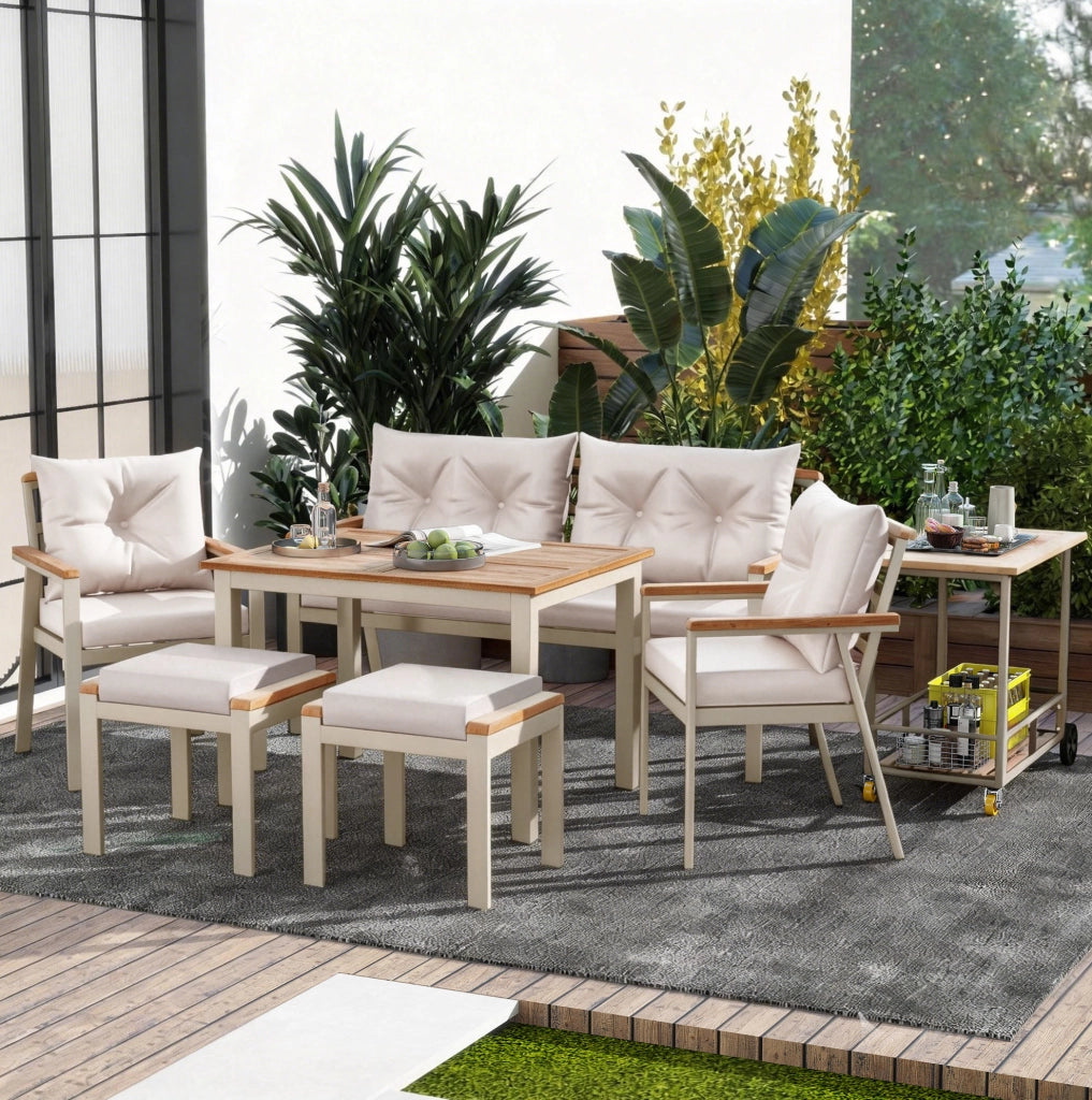 Set da giardino da pranzo 6-7 posti con carrello di servizio rimovibile; legno di acacia beige e naturale
