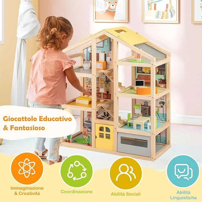 Casa delle Bambole in Legno, Casa Bambole con 4 Piani, 7 Stanze, Garage e Scale, Casetta Giocattolo Educativo con 18 Mobili Accessori e 3 Figure, per Bambini 3+ Anni, 60 x 30 x 75 cm