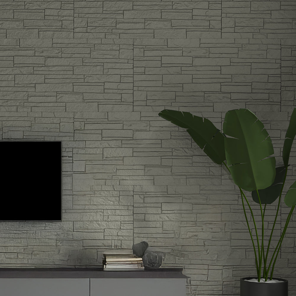 Set 12 Pannelli Decorativi Area 8,6 mq 120x60x2,5 cm Rivestimento Murale Effetto Mattoni in Pietra 3D in PU Greige