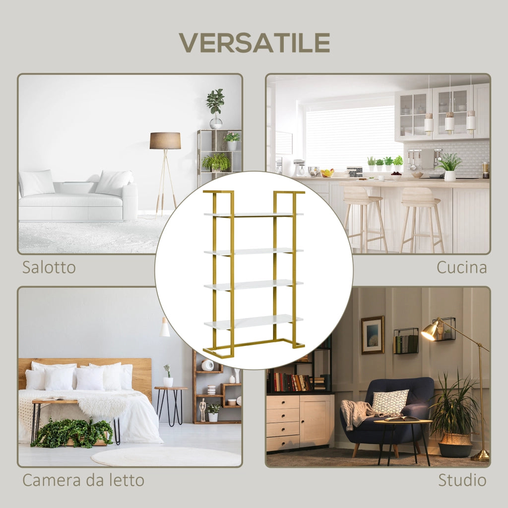 Scaffale libreria a 4 livelli in MDF e acciaio, mobile multiuso per casa e ufficio, design moderno, 92x35x152cm, bianco e oro