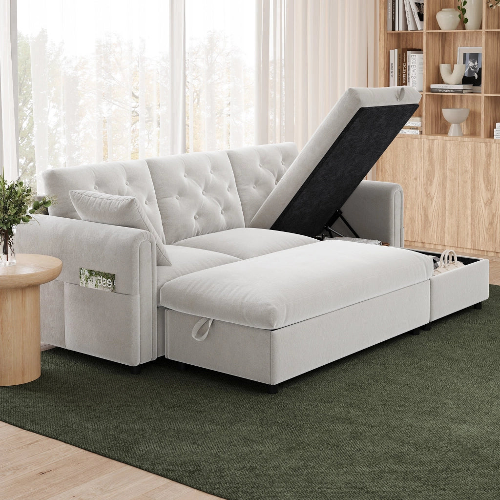 Divano angolare con chaise longue e pouf contenitore - in velluto beige 219 × 131 × 86 cm
