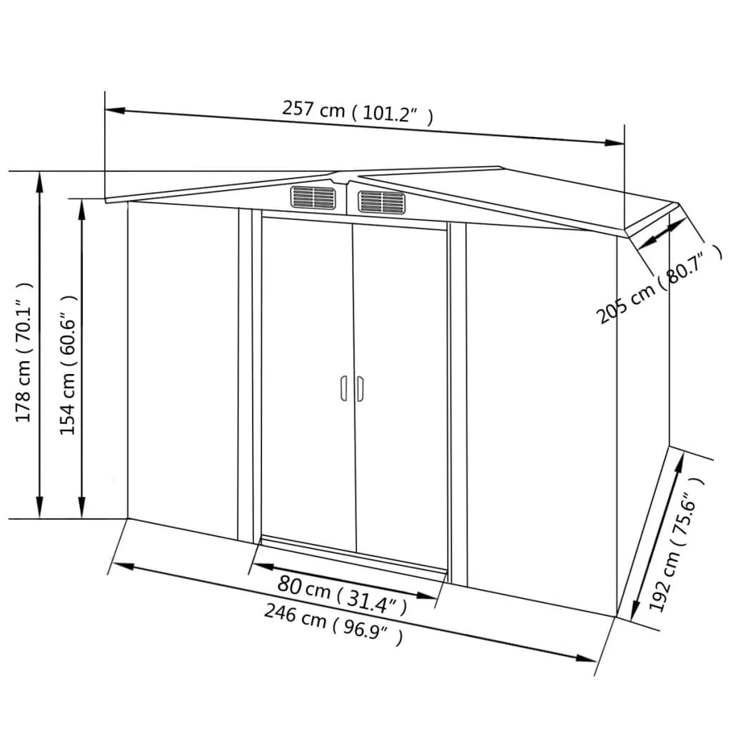 Casetta da giardino cabina ripostiglio capanno da esterno capanno per attrezzi metallo robusto 257 x 205 x 178 cm grigio 02_0022389