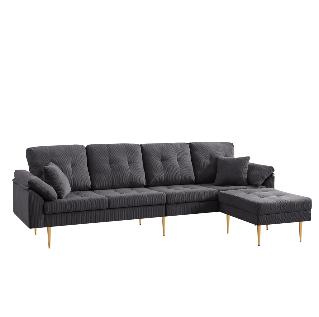 Divano 4 posti con pouf separato modulabile in velluto a coste grigio scuro