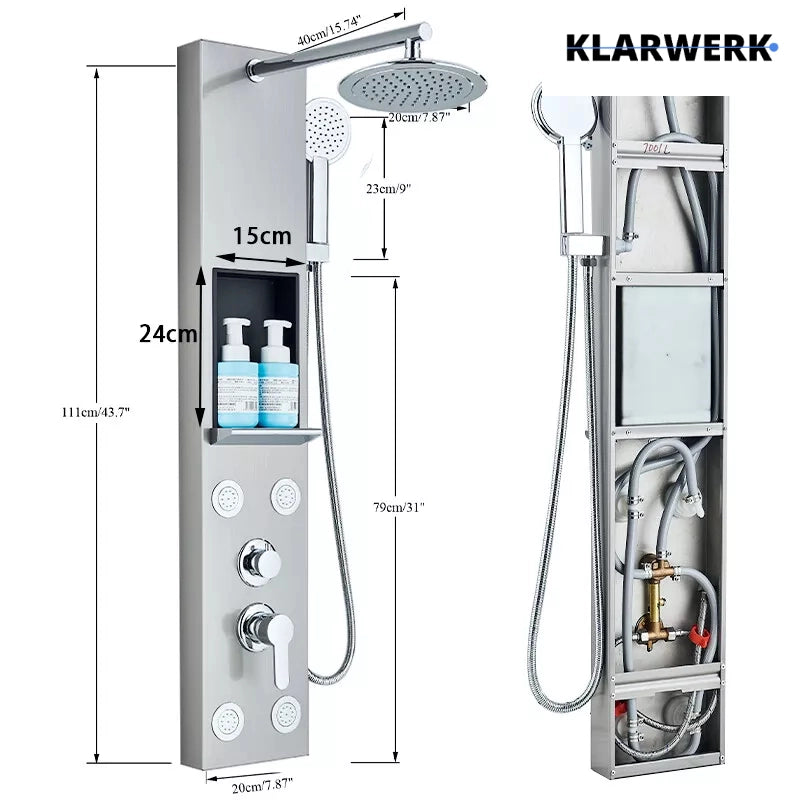 BEN | Pannello doccia soffione doccia a pioggia in acciaio inox | Sistema doccia idromassaggio spazzolata argento Miscelatore doccia rubinetto
