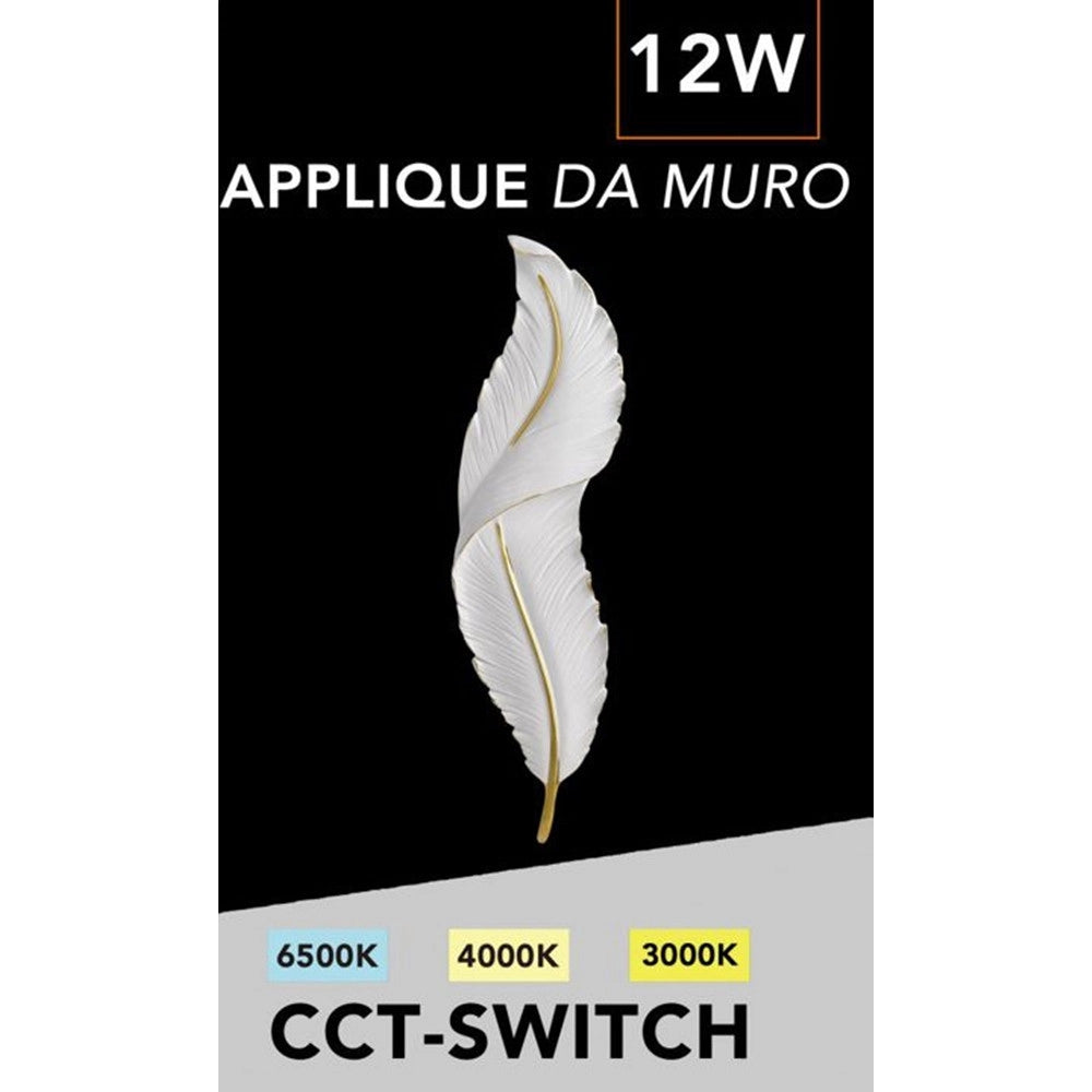 Trade Shop - Applique Led Lampada Muro 12w Cct 3 Tonalità Luce Design Piuma Bianca Oro Resina Aq24-b3c -