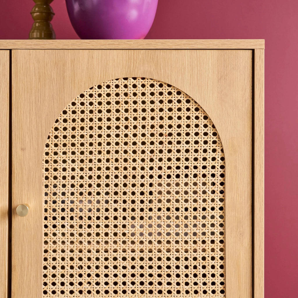 Credenza decorazione legno e canna 3 ante 120cm, marrone naturale