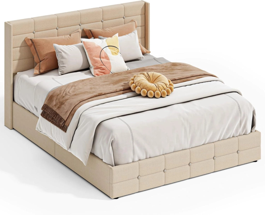 Letto contenitore idraulico 160X200CM, letto matrimoniale imbottito con testiera e contenitore, giroletto con rete a doghe, letto per ragazzi, senza materasso,Beige