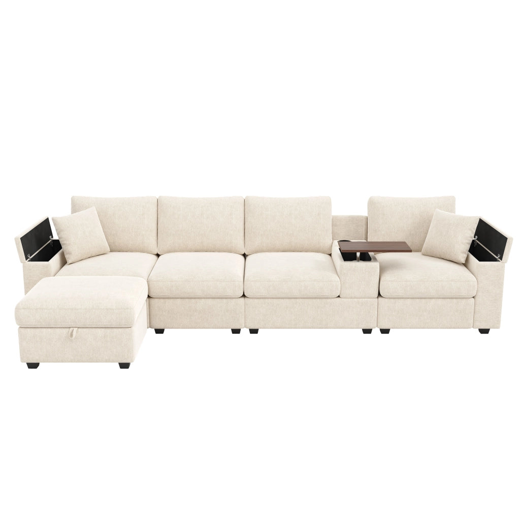 Divano modulare 5 posti - con contenitore; USB e tavolino girevole - chenille beige