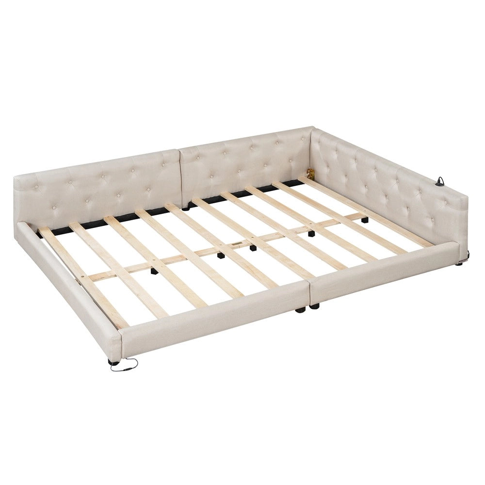Letto Divano con Rete a Doghe e LED ¨C MINIMAL ¨C Tessuto Beige 140x200