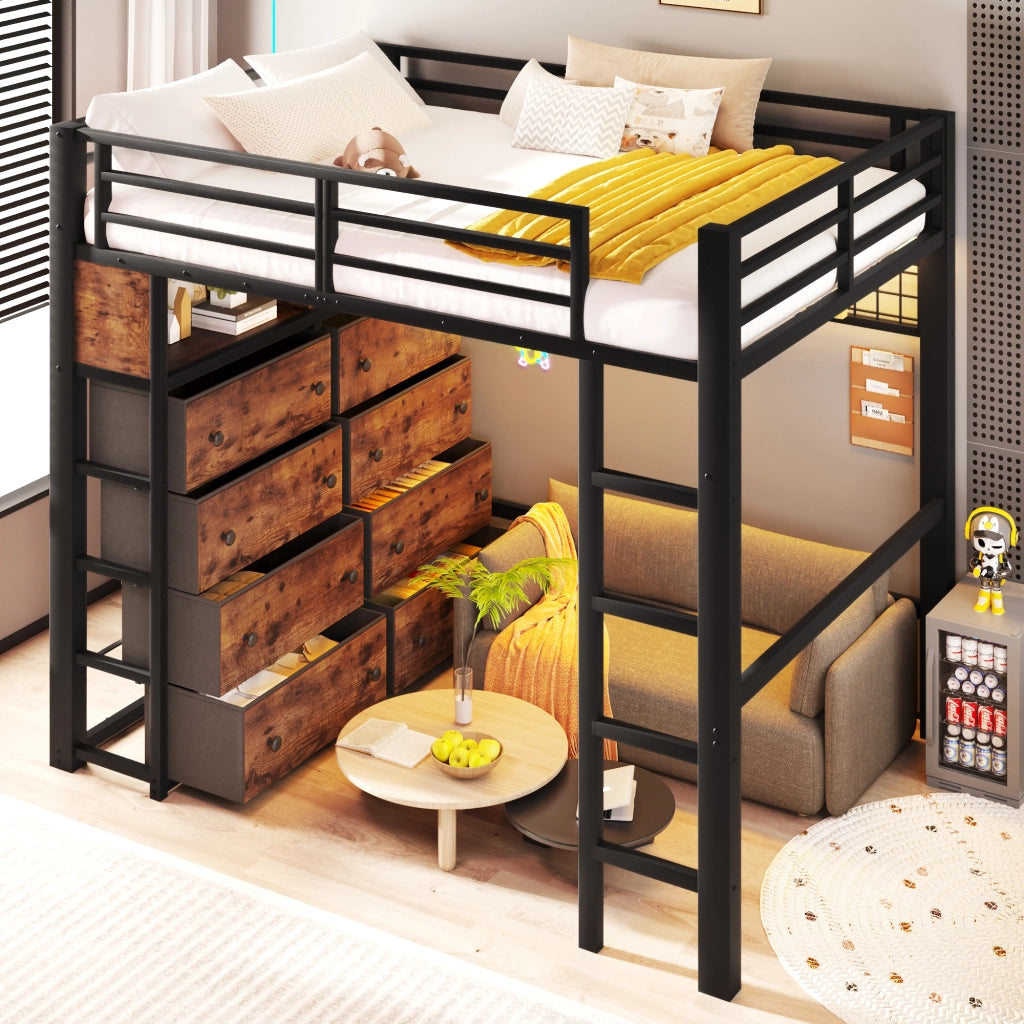 LETTO ALTO 140x200 cm Nero in Metallo e MDF con 8 cassetti