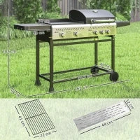 Barbecue a Gas con Piastra e Fornello, Coperchio con Termometro e Ripiani, Regolatore e Tubo Inclusi, Nero