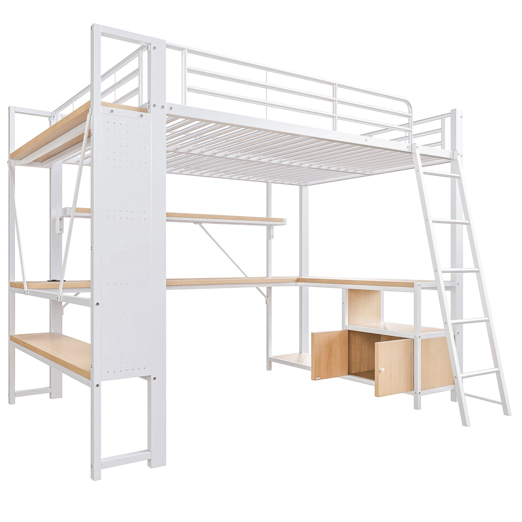 LETTO Soppalco 140x200 cm in metallo e MDF bianco con scrivania, LED e USB