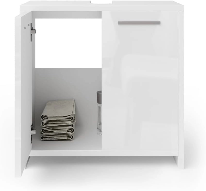 Mobile sottolavabo per bagno Kiko, Bianco lucido/bianco, 58 x 60 cm, con ritaglio per sifone e spazio di stoccaggio per l’organizzazione del bagno