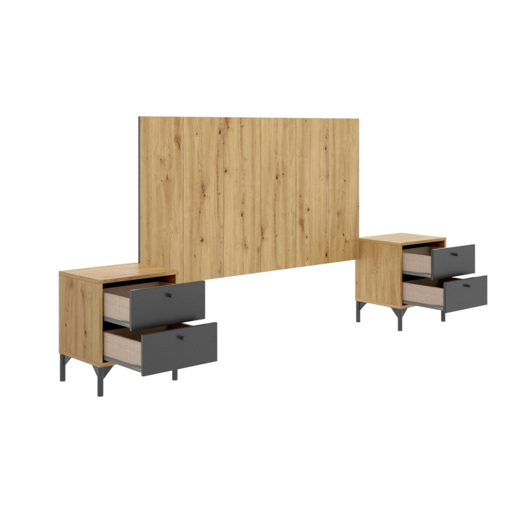Testiera letto Alaca, Spalliera letto per camera matrimoniale, Testata letto matrimoniale con 2 comodini, 244x37h127 cm, Rovere e Antracite