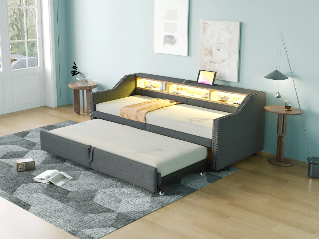 DESMIU Lit divano 90 × 200 cm et 180 × 200 cm 2 posti con ripiani, LED, USB, senza materasso, in lino, grigio scuro