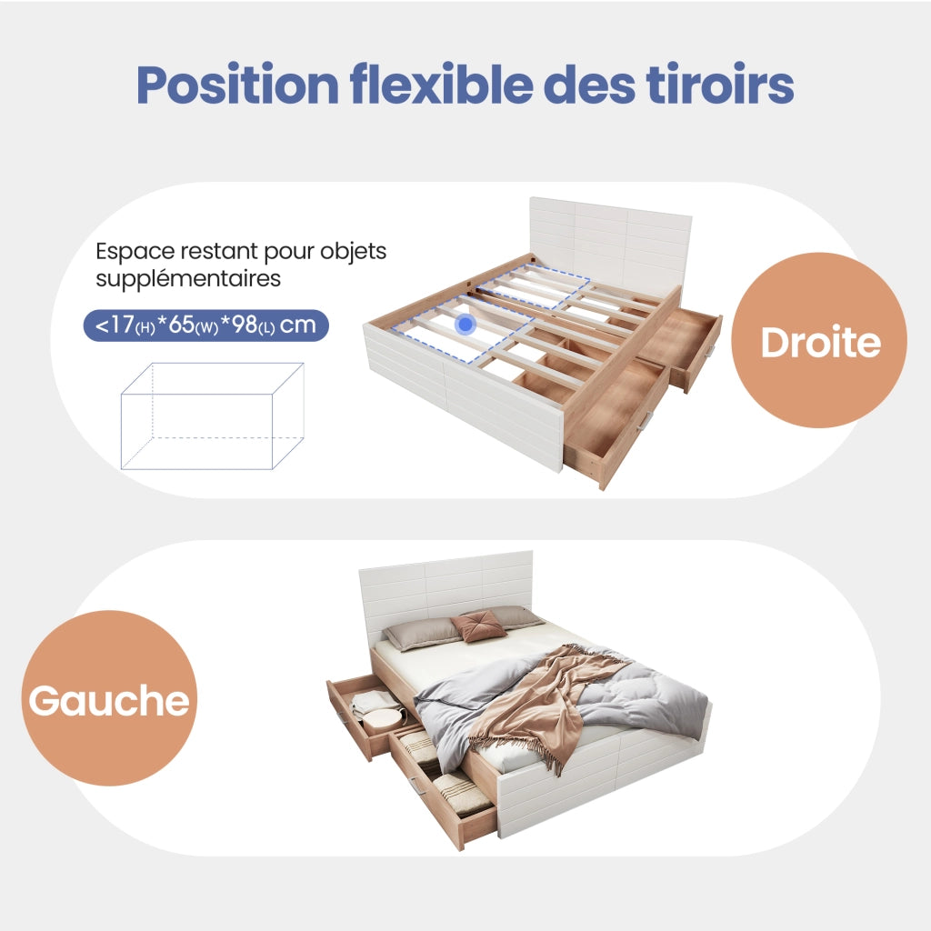 OKWISH Letto con Cassetti 140×200 cm, Letto Matrimoniale con 2 Cassetti e Ampio Spazio Contenitore, senza Materasso, in Legno Massello e MDF, Bianco e Rovere