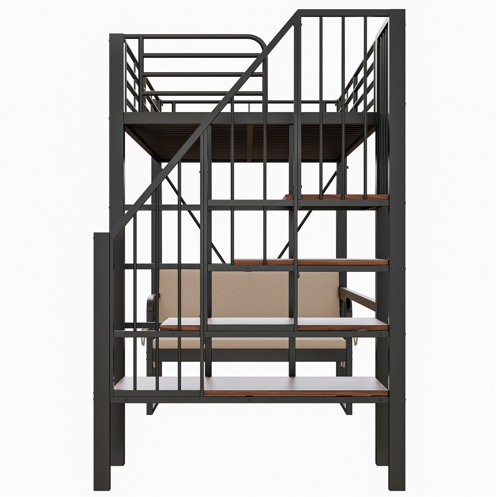 Letto a castello ULEVR 90x200 cm con scala contenitore e divano imbottito removibile, nero