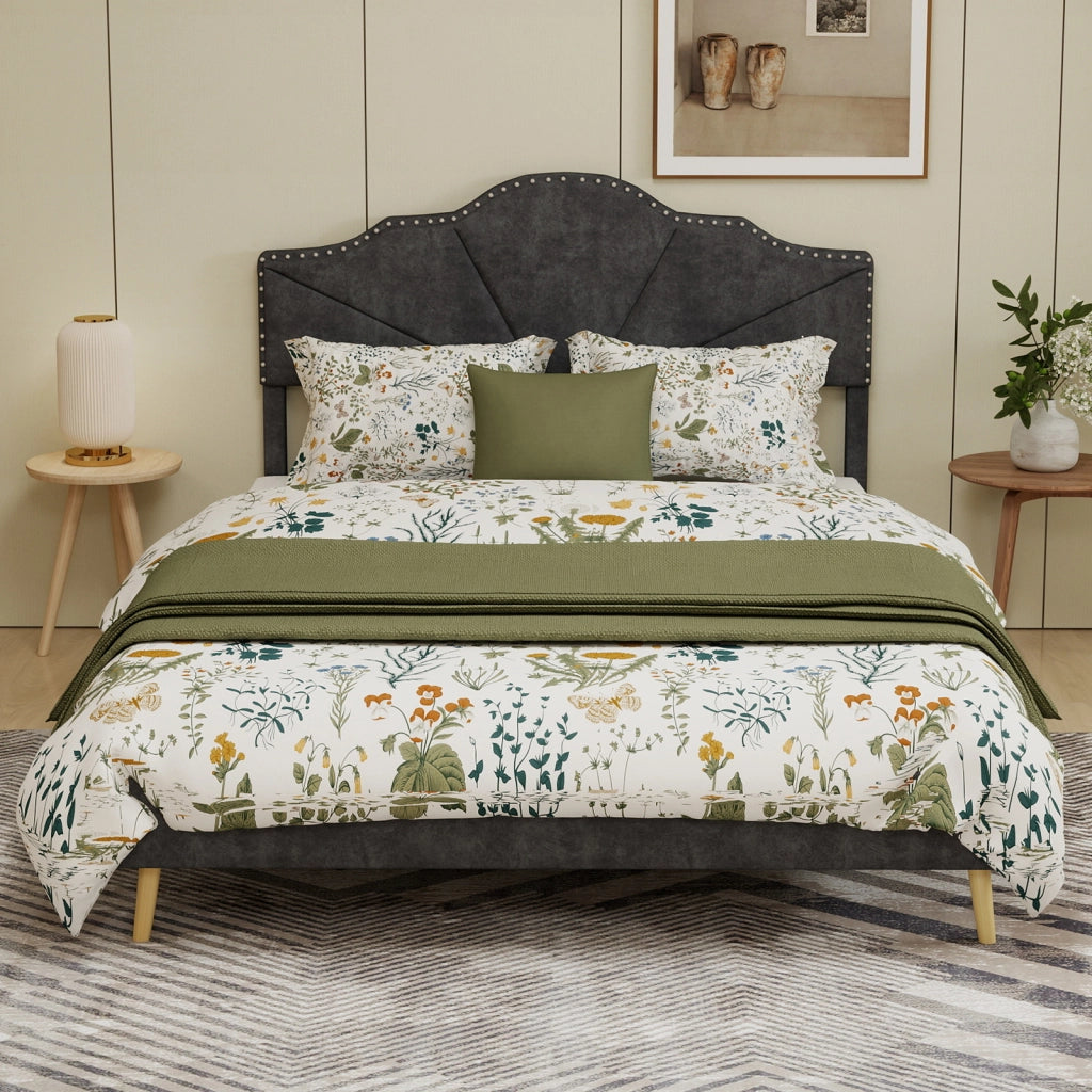 Letto Matrimoniale 160x200 cm con Testiera Geometrica; in Tessuto e Metallo; Grigio