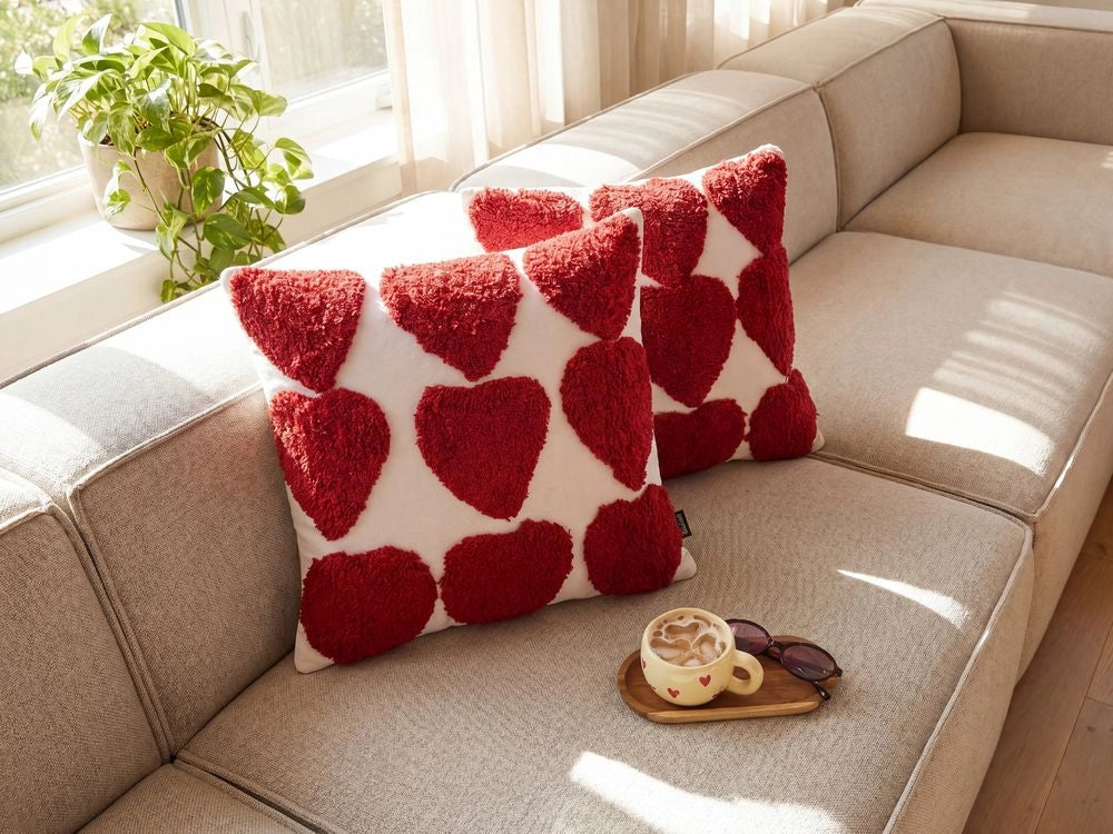 Set di 2 cuscini decorativi in cotone rosso e bianco 45 x 45 cm quadrati Cuscino moderno Boho Decor Accessori