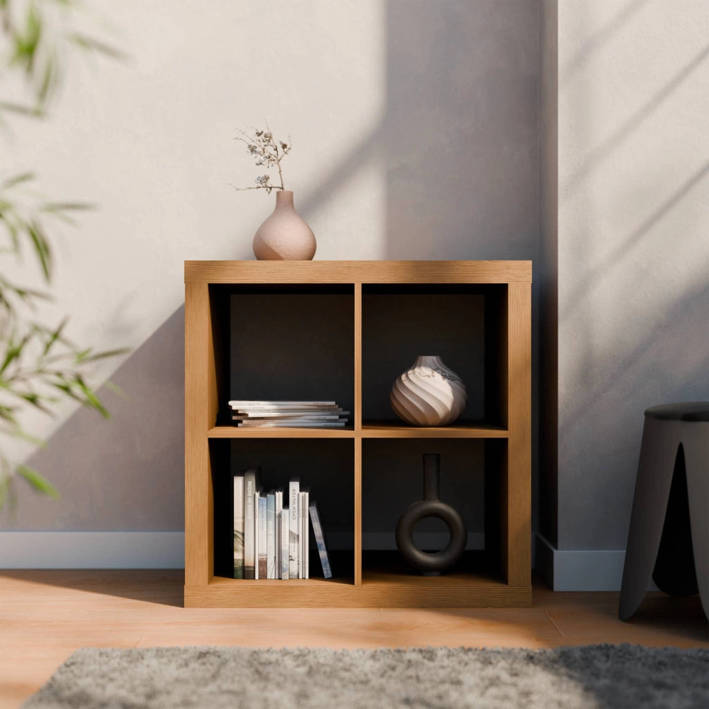 Libreria cubica, 2 livelli, 4 vani, effetto legno miele