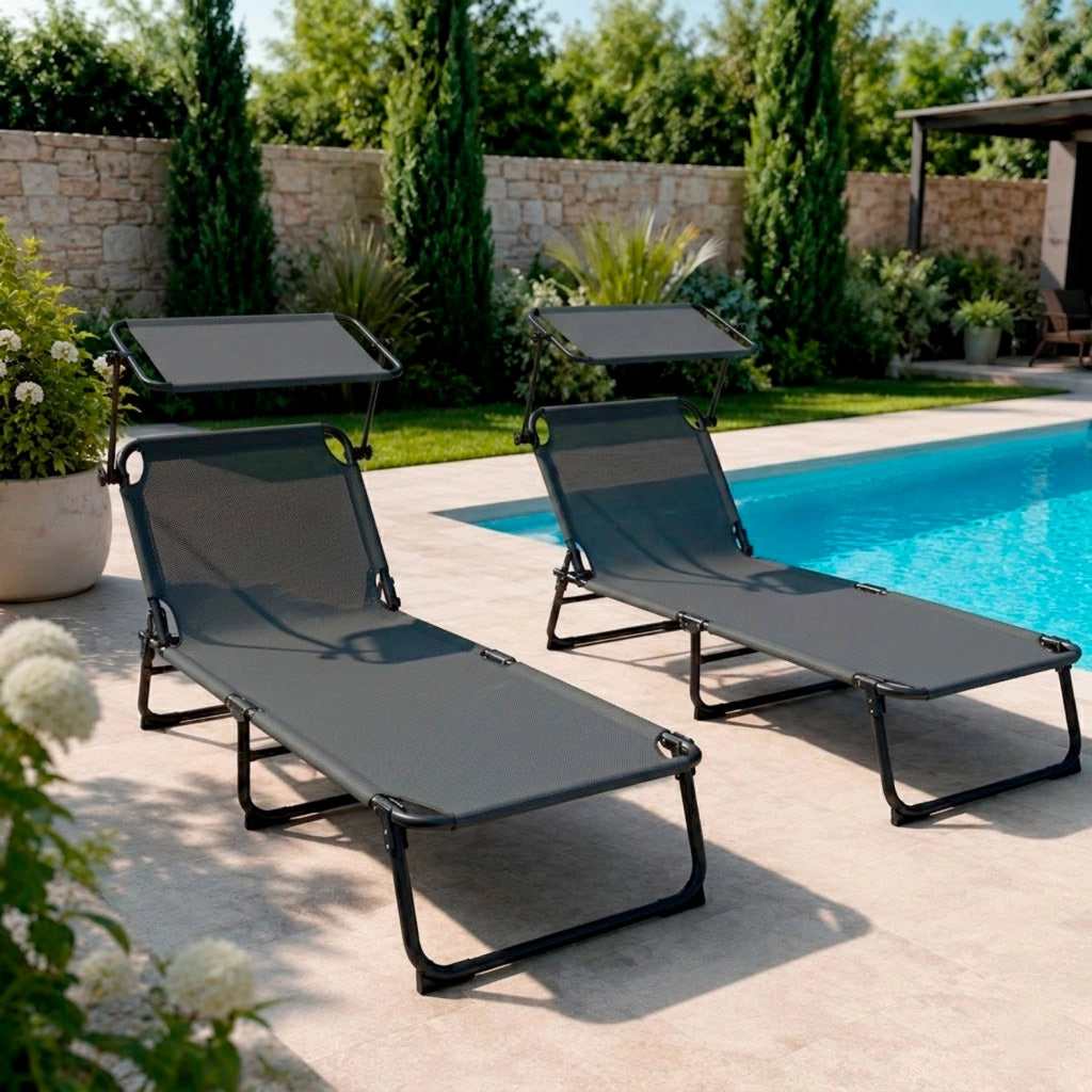 Lettino Pieghevole Con Tettuccio Regolabile Prendisole Parasole Schienale Reclinabile Regolabile Struttura In Metallo Nero Sedia Sdraio Per SpiagMare Giardino Piscina 187 x 53 x 24 Cm Grigio Scuro