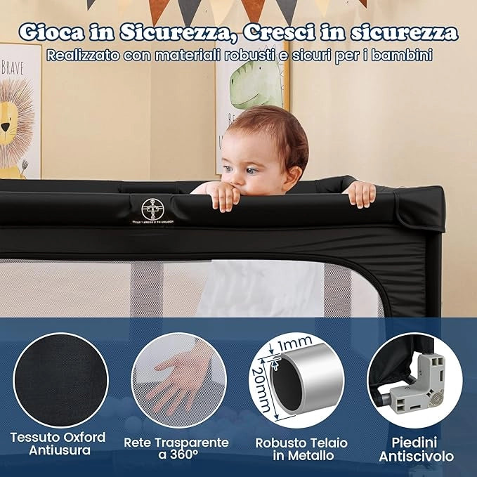 Box per Bambini 150 x 150 cm, Recinto per Bambini Pieghevole in Tessuto Oxford con Rete Traspirante, Box con Giochi che Include 50 Palline, 4 Pezzi Anelli e Borsa (Nero, 150 x 150 cm)