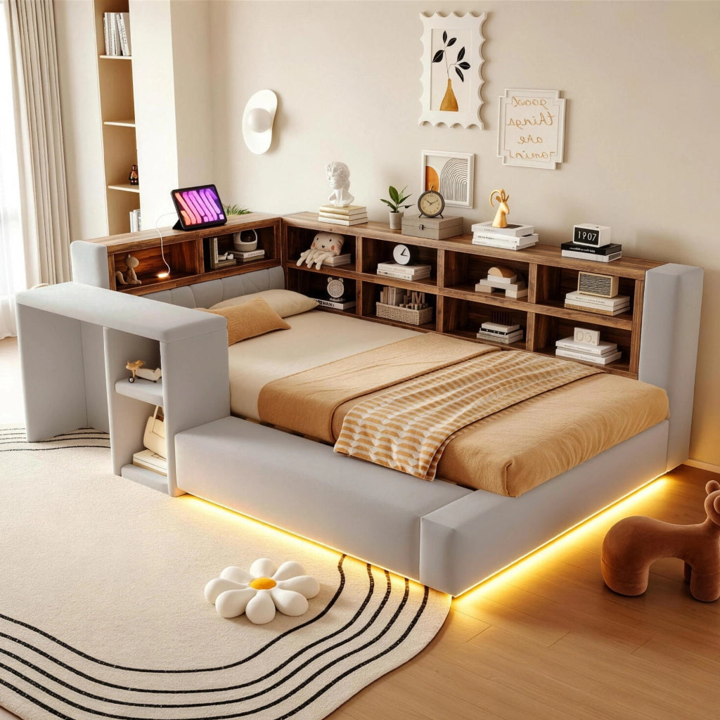Letto imbottito 90 x 200 cm con testiera imbottita, vani contenitore integrati, LED, prese e comodino laterale, grigio chiaro