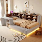 Letto imbottito 90 x 200 cm con testiera imbottita, vani contenitore integrati, LED, prese e comodino laterale, grigio chiaro