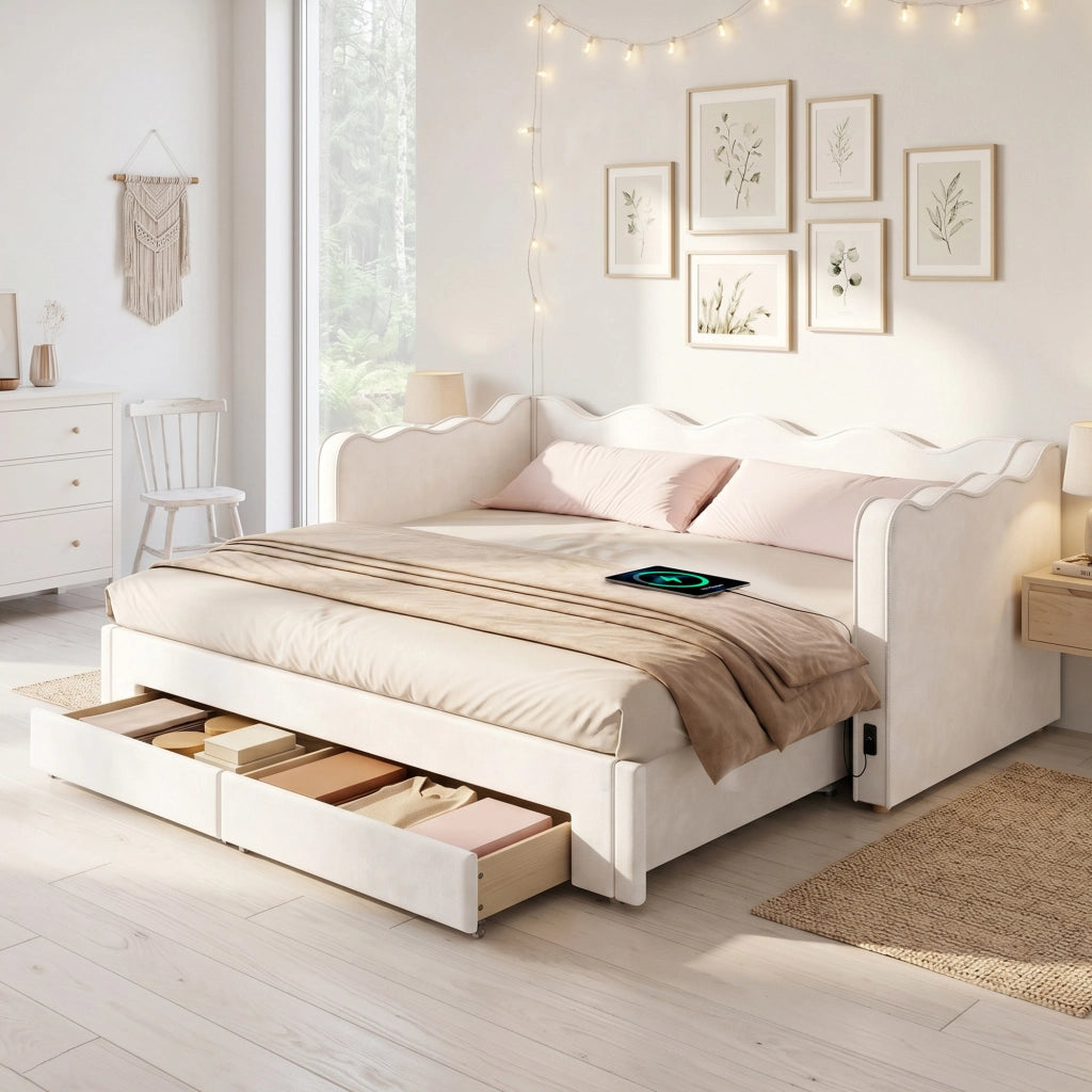Letto divano estraibile 90 × 200 cm con 2 cassetti, USB e Type-C, senza materasso, in velluto, beige