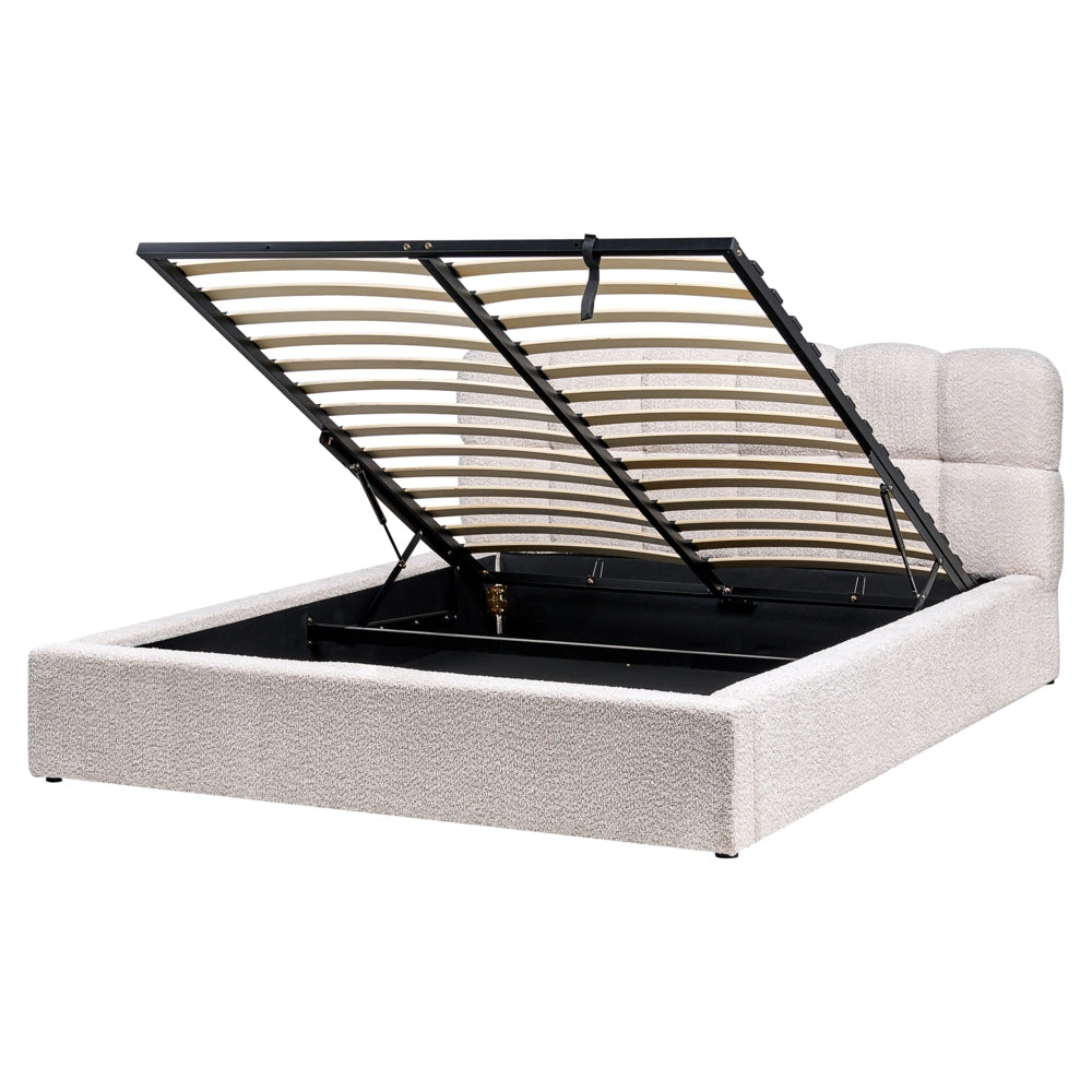 Letto King Size EU in tessuto bouclé beige chiaro 160 x 200 cm Struttura imbottita con testiera effetto biscotto e vano contenitore
