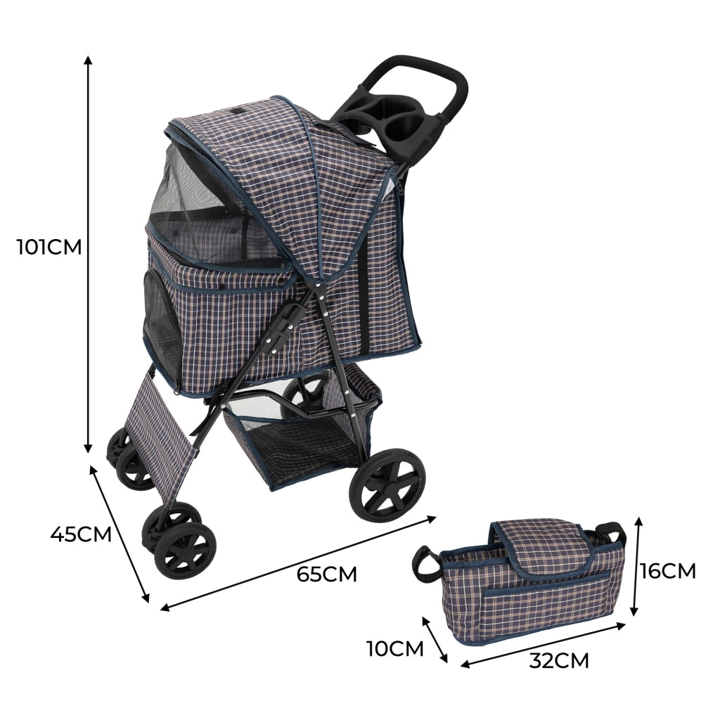 Passeggino per animali Blu Tartan con Borsa Organizer Pieghevole da Viaggio per Cani