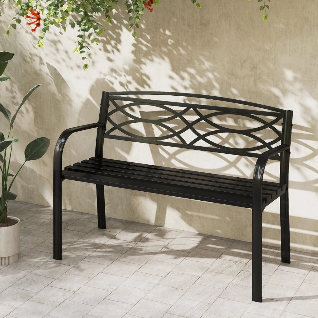 Divanetto in metallo resistente per 2 persone con braccioli e schienale curvati, Panchina da giardino 116 cm per giardini Nero