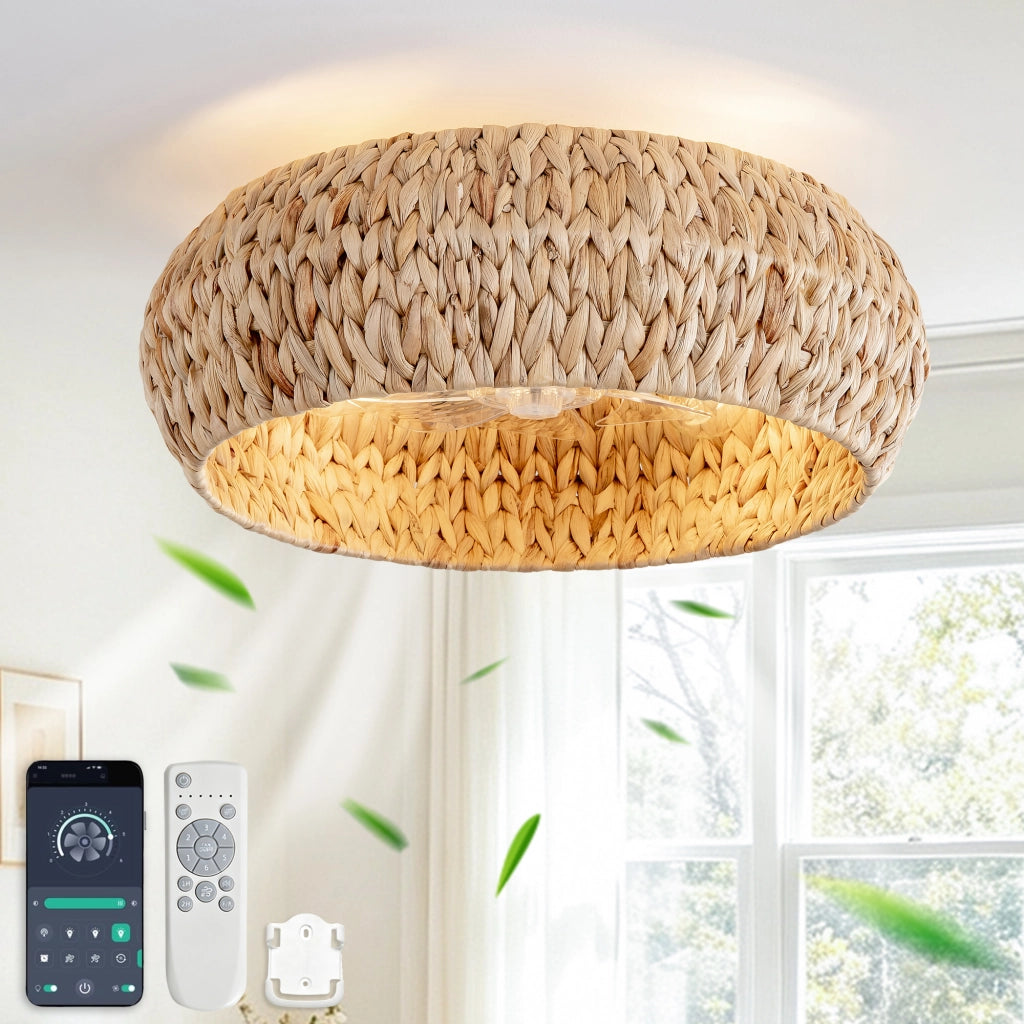 Ventilatore a incasso 19 pollici con luce, pale ABS effetto rattan, doppio controllo app e telecomando, 6 velocit¨¤ reversibili, moderno