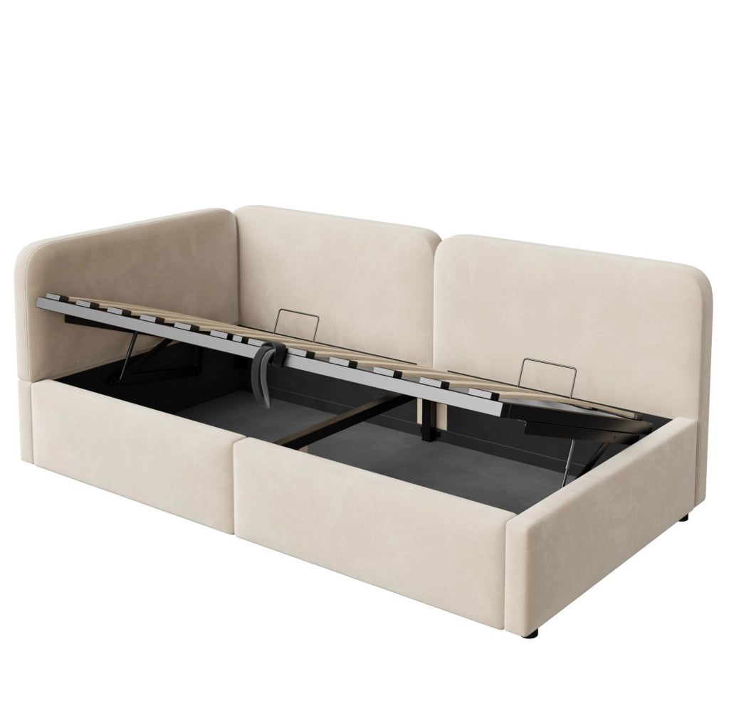Letto divano imbottito 90x200 in tessuto beige con vano contenitore