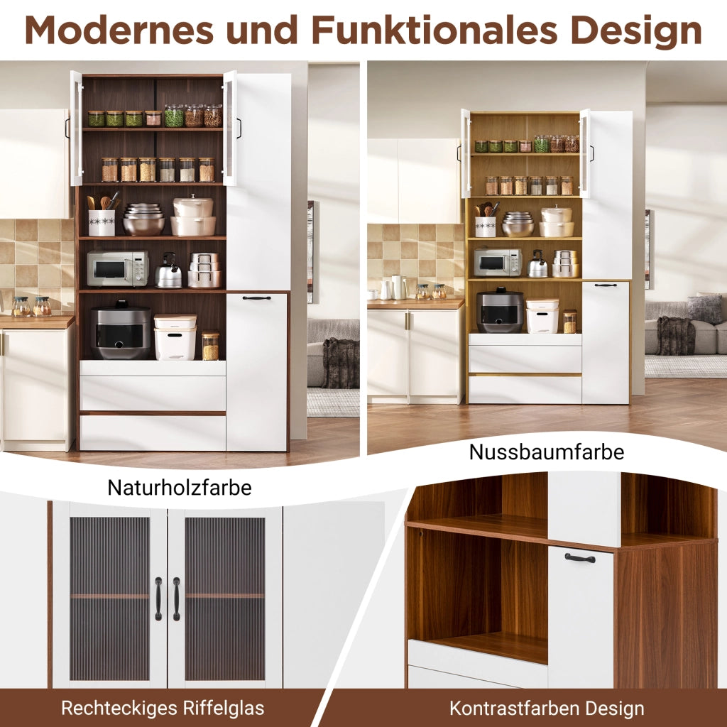 Credenza alta con 2 cassetti e ripiani regolabili - per cucina - in MDF - bianco e noce