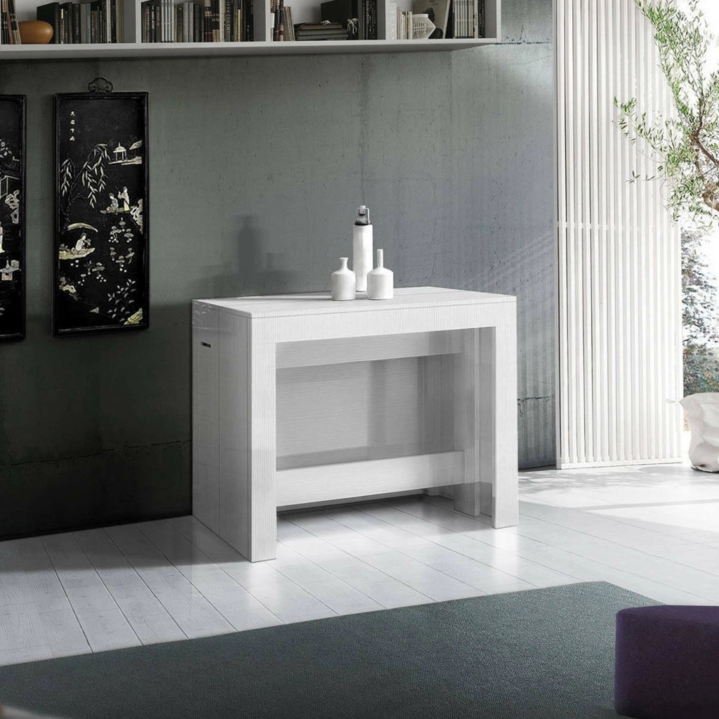 Anello, Consolle Allungabile 12 Posti Made in Italy, 300x90x77h cm Bianco Anticato