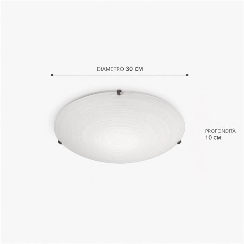 PLAFONIERA GISELLA 1XE27 GANCI CROMO VETRO LASTRA BIANCO DECORATO SPIRALE Ø30-P.10 CM