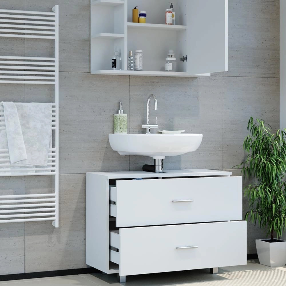 Set mobili bagno Ilias, Bianco, 80.2 cm, composto da specchio da bagno e mobile sottolavabo