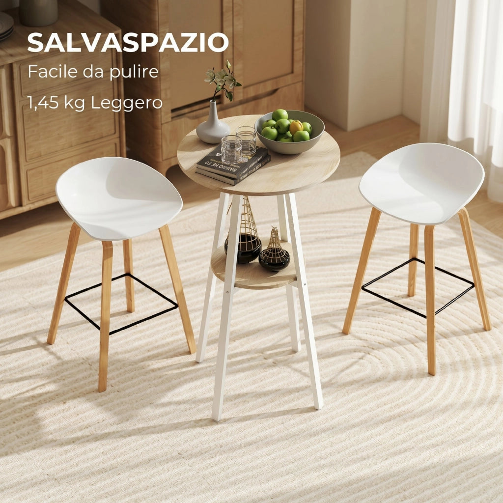 Tavolo Alto Rotondo Ø55x95 cm con Mensola per 2 Persone in Metallo e Melamina Naturale e Bianco