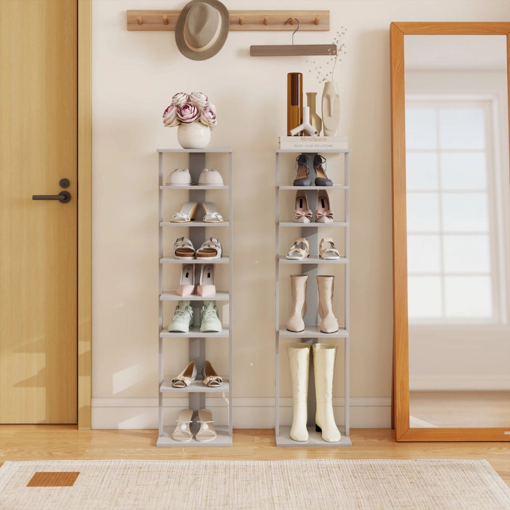 Scarpiera di legno salva spazio con 7 livelli da ingresso e camera da letto-Scaffale per scarpe per casa con dispositivo antiribaltamento Grigio